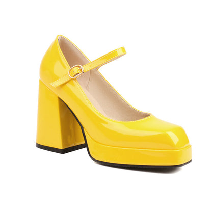 Spring Summer New Women's Shoes Mary Jane High Heels Patent Leather Square Toe