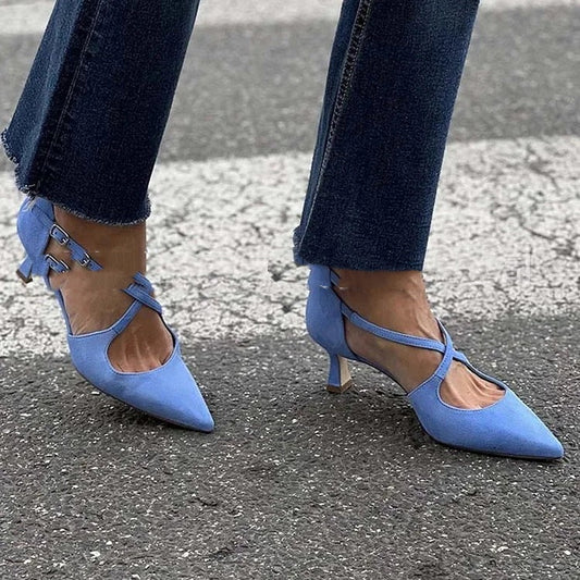 Plus Size Pointed Toe Suede Cross Buckle Strap Hollowed Sandals