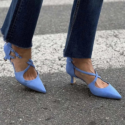 Plus Size Pointed Toe Suede Cross Buckle Strap Hollowed Sandals