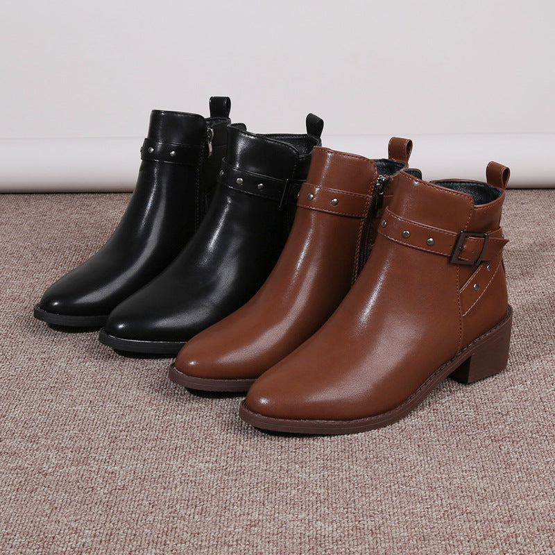 Retro Chunky Heel Studded Buckle Pointed Toe Martin Boots