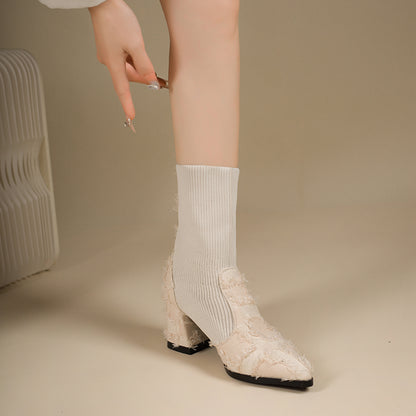 Women's Fringe And Knit Combination Mid-Calf Boots, Boho Chunky Block Heel Ankle Booties, Pointed Toe Slip-On Casual Boots With Raw Cut Edge Detail