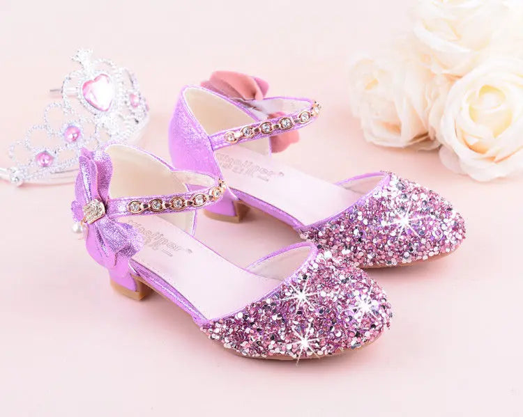 New Children Princess Beading Sandals Kids Flower Wedding Shoes High Heels Dress Shoes Party Shoes for Girls Pink Silver purple