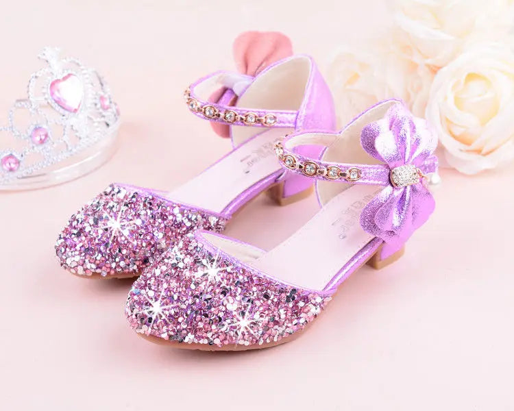 New Children Princess Beading Sandals Kids Flower Wedding Shoes High Heels Dress Shoes Party Shoes for Girls Pink Silver purple