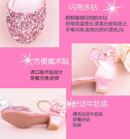 New Children Princess Beading Sandals Kids Flower Wedding Shoes High Heels Dress Shoes Party Shoes for Girls Pink Silver purple