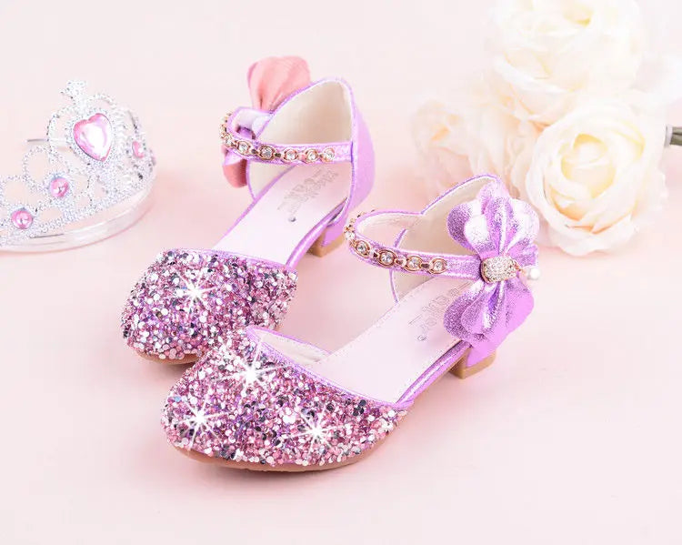 New Children Princess Beading Sandals Kids Flower Wedding Shoes High Heels Dress Shoes Party Shoes for Girls Pink Silver purple
