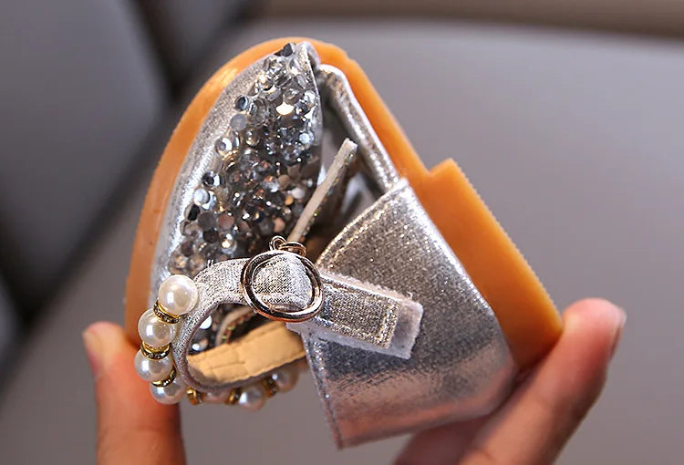 New Children's Party Wedding Children Shoes Sequin Lace Bow Kids Shoes Cute Pearl Princess Dance Single Casual Girls Shoe