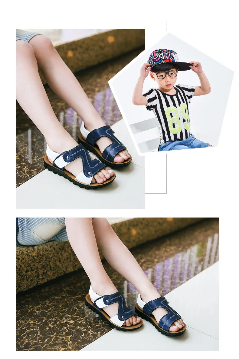 Children Sandals 2023 Summer New Fashion Boys Geniune Leather Sandals Kids Soft Bottom Non-slip Beach Sandals