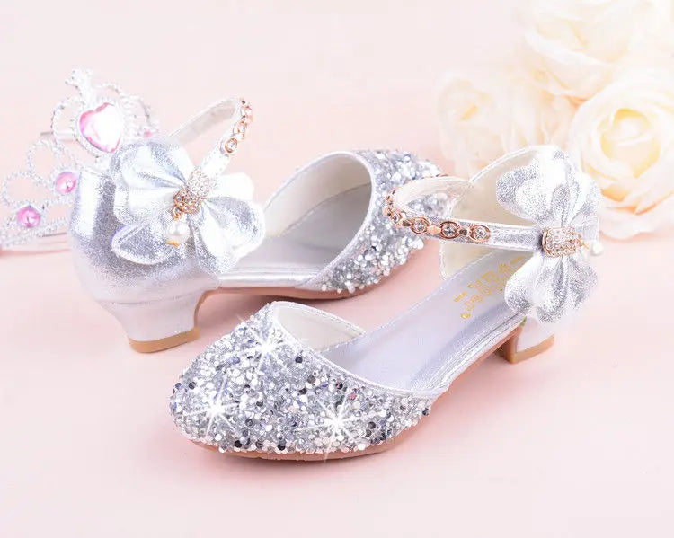 New Children Princess Beading Sandals Kids Flower Wedding Shoes High Heels Dress Shoes Party Shoes for Girls Pink Silver purple