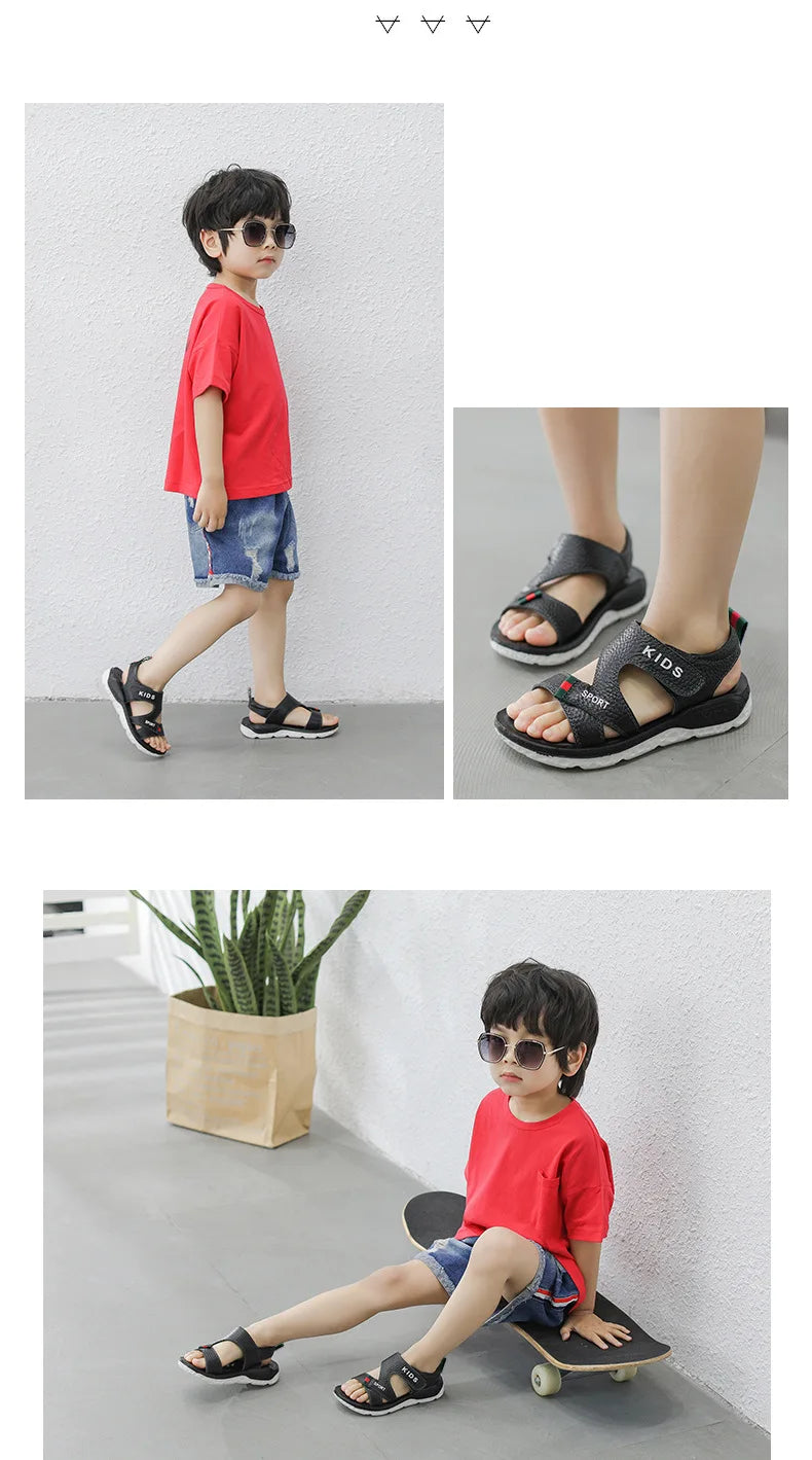 Children Sandals 2023 Summer New Fashion Boys Geniune Leather Sandals Kids Soft Bottom Non-slip Beach Sandals