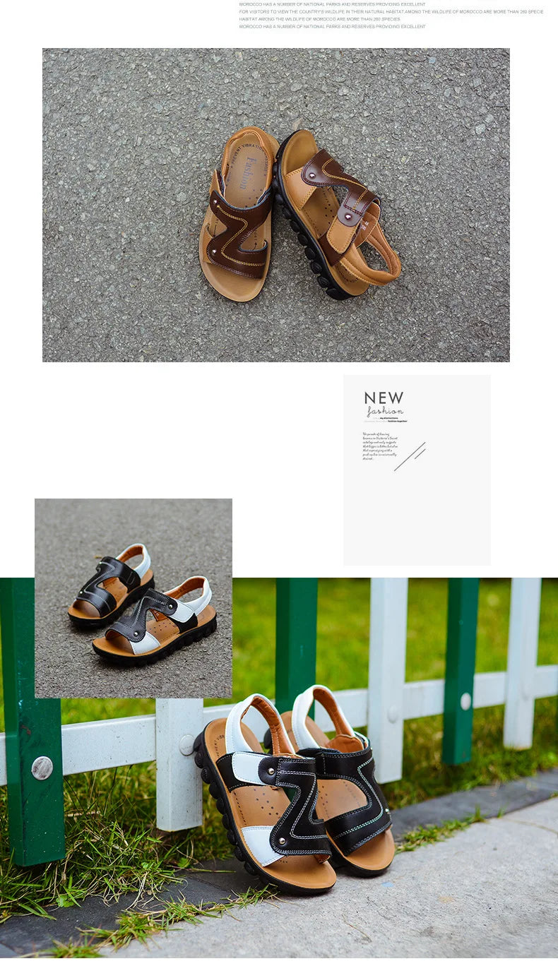 Children Sandals 2023 Summer New Fashion Boys Geniune Leather Sandals Kids Soft Bottom Non-slip Beach Sandals