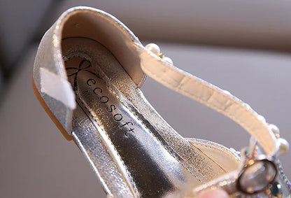 New Children's Party Wedding Children Shoes Sequin Lace Bow Kids Shoes Cute Pearl Princess Dance Single Casual Girls Shoe