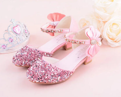 New Children Princess Beading Sandals Kids Flower Wedding Shoes High Heels Dress Shoes Party Shoes for Girls Pink Silver purple