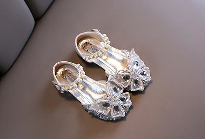 New Children's Party Wedding Children Shoes Sequin Lace Bow Kids Shoes Cute Pearl Princess Dance Single Casual Girls Shoe