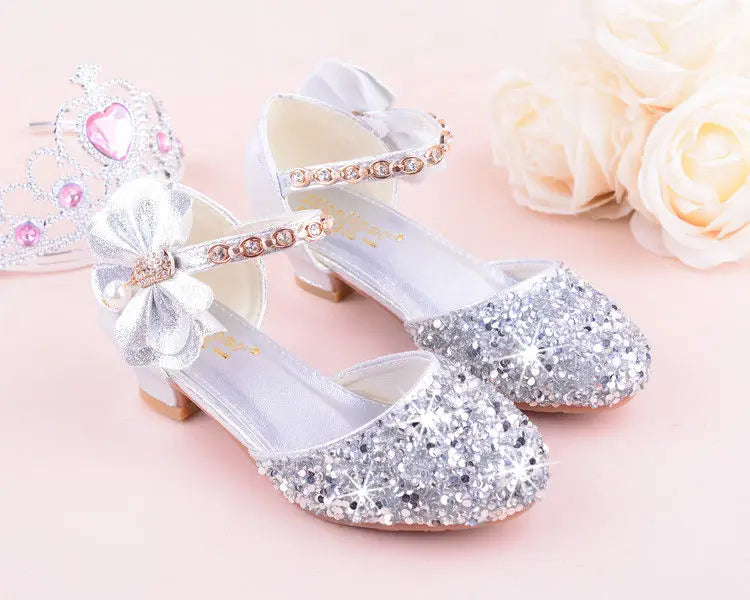 New Children Princess Beading Sandals Kids Flower Wedding Shoes High Heels Dress Shoes Party Shoes for Girls Pink Silver purple