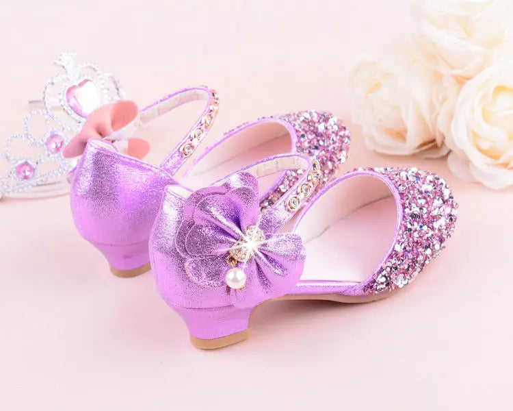 New Children Princess Beading Sandals Kids Flower Wedding Shoes High Heels Dress Shoes Party Shoes for Girls Pink Silver purple