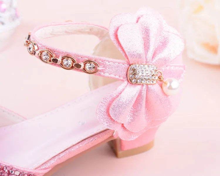 New Children Princess Beading Sandals Kids Flower Wedding Shoes High Heels Dress Shoes Party Shoes for Girls Pink Silver purple