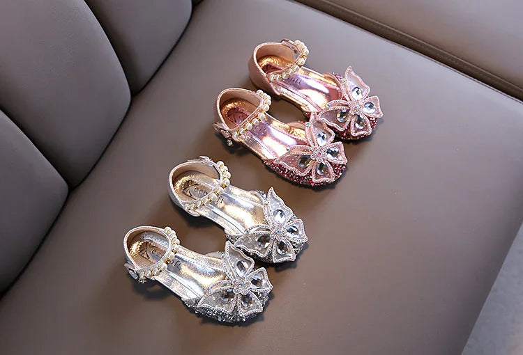 New Children's Party Wedding Children Shoes Sequin Lace Bow Kids Shoes Cute Pearl Princess Dance Single Casual Girls Shoe