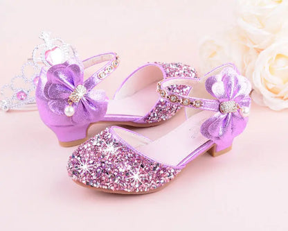 New Children Princess Beading Sandals Kids Flower Wedding Shoes High Heels Dress Shoes Party Shoes for Girls Pink Silver purple