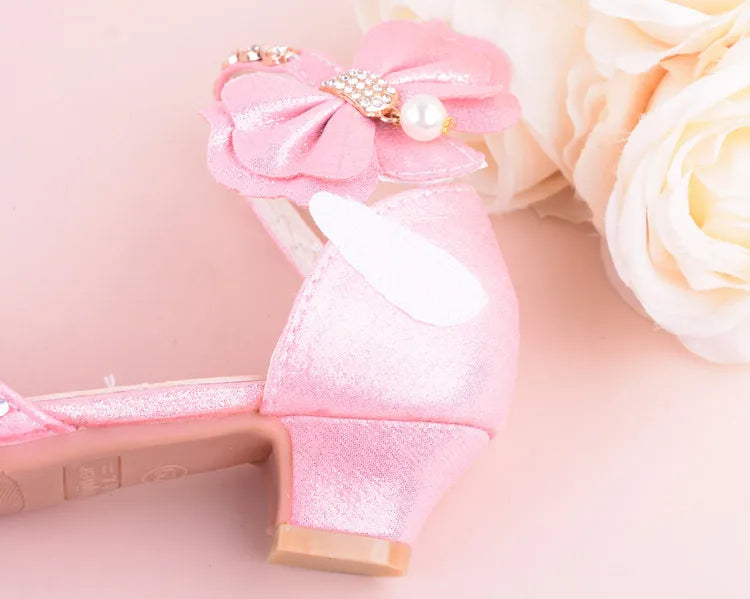 New Children Princess Beading Sandals Kids Flower Wedding Shoes High Heels Dress Shoes Party Shoes for Girls Pink Silver purple