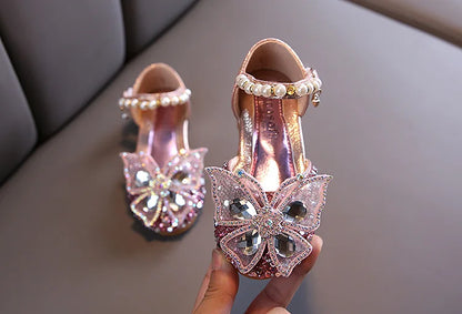 New Children's Party Wedding Children Shoes Sequin Lace Bow Kids Shoes Cute Pearl Princess Dance Single Casual Girls Shoe