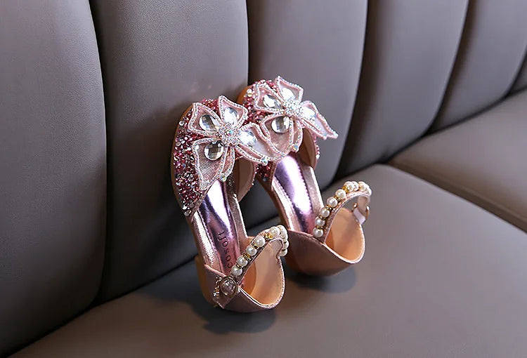 New Children's Party Wedding Children Shoes Sequin Lace Bow Kids Shoes Cute Pearl Princess Dance Single Casual Girls Shoe