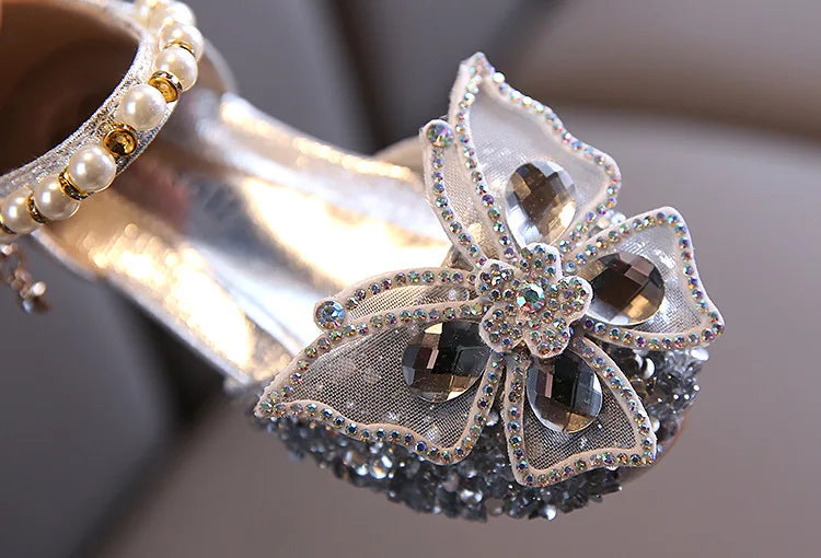 New Children's Party Wedding Children Shoes Sequin Lace Bow Kids Shoes Cute Pearl Princess Dance Single Casual Girls Shoe