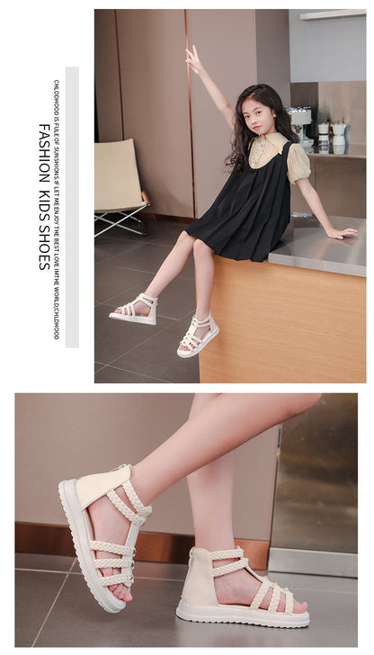 Girls Cute Roman Sandals Open Toe Braided Solid Color High-top Simple Rivets 2025 Summer Hollow Flat Casual Shoes