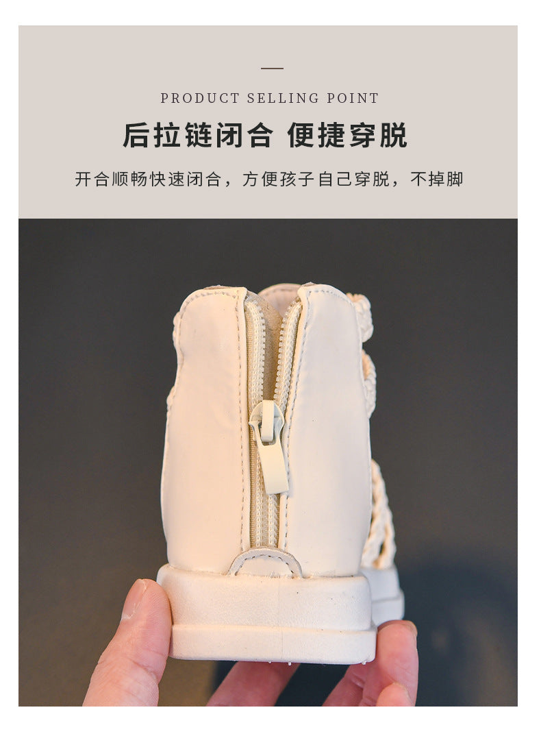Girls Cute Roman Sandals Open Toe Braided Solid Color High-top Simple Rivets 2025 Summer Hollow Flat Casual Shoes
