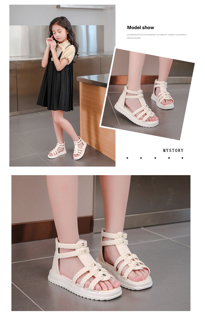 Girls Cute Roman Sandals Open Toe Braided Solid Color High-top Simple Rivets 2025 Summer Hollow Flat Casual Shoes