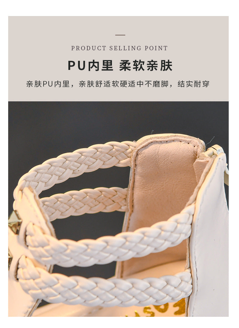 Girls Cute Roman Sandals Open Toe Braided Solid Color High-top Simple Rivets 2025 Summer Hollow Flat Casual Shoes