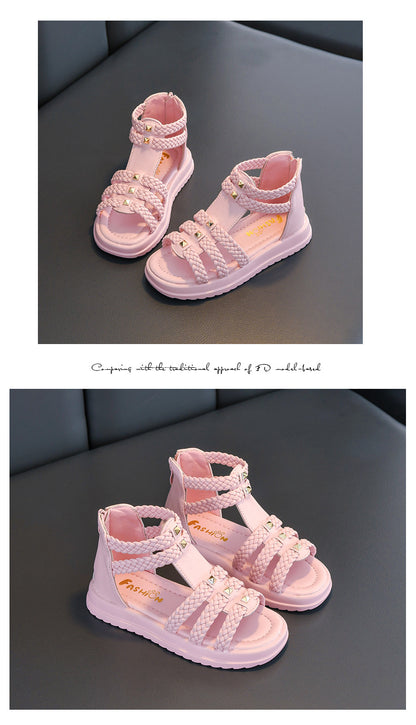 Girls Cute Roman Sandals Open Toe Braided Solid Color High-top Simple Rivets 2025 Summer Hollow Flat Casual Shoes