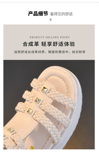 Girls Cute Roman Sandals Open Toe Braided Solid Color High-top Simple Rivets 2025 Summer Hollow Flat Casual Shoes