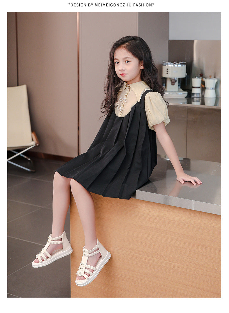 Girls Cute Roman Sandals Open Toe Braided Solid Color High-top Simple Rivets 2025 Summer Hollow Flat Casual Shoes