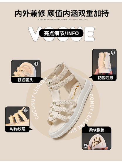 Girls Cute Roman Sandals Open Toe Braided Solid Color High-top Simple Rivets 2025 Summer Hollow Flat Casual Shoes