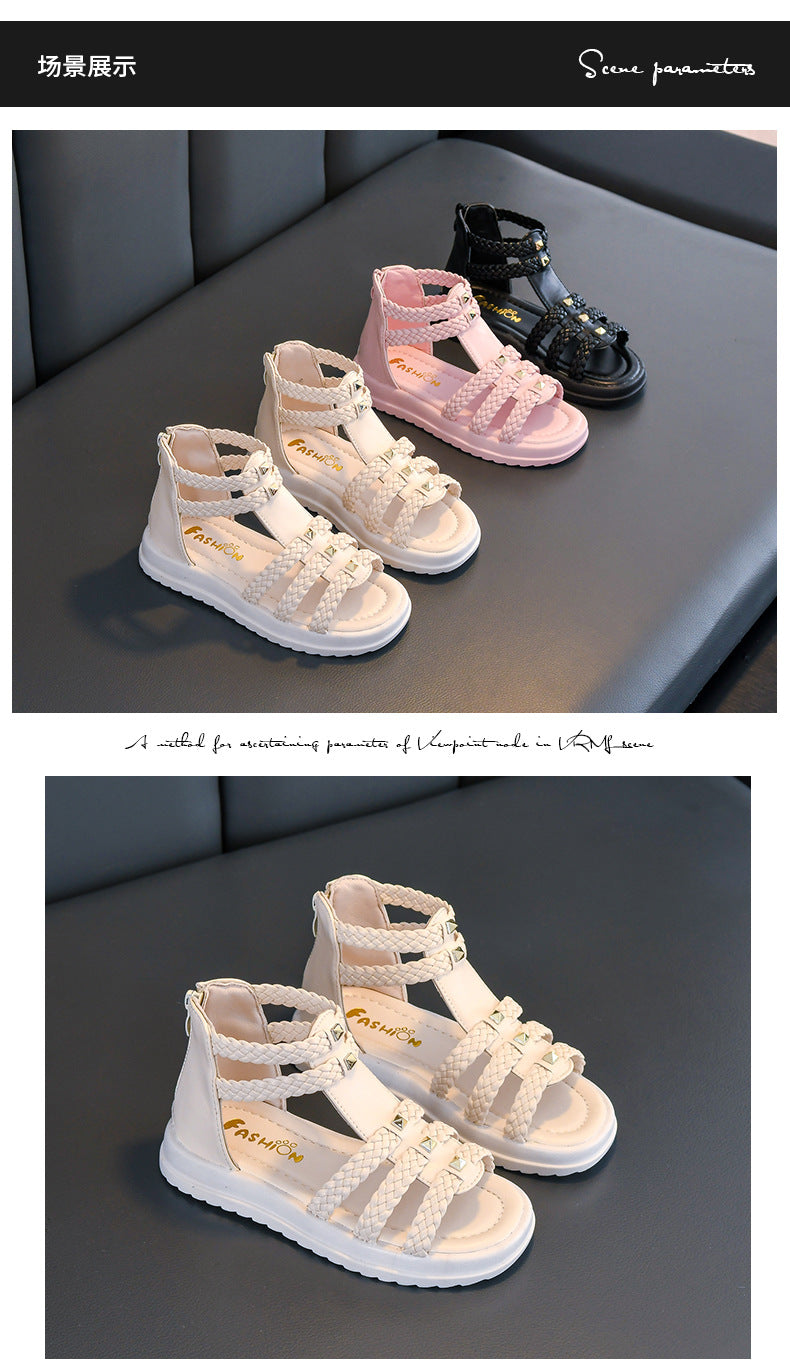 Girls Cute Roman Sandals Open Toe Braided Solid Color High-top Simple Rivets 2025 Summer Hollow Flat Casual Shoes