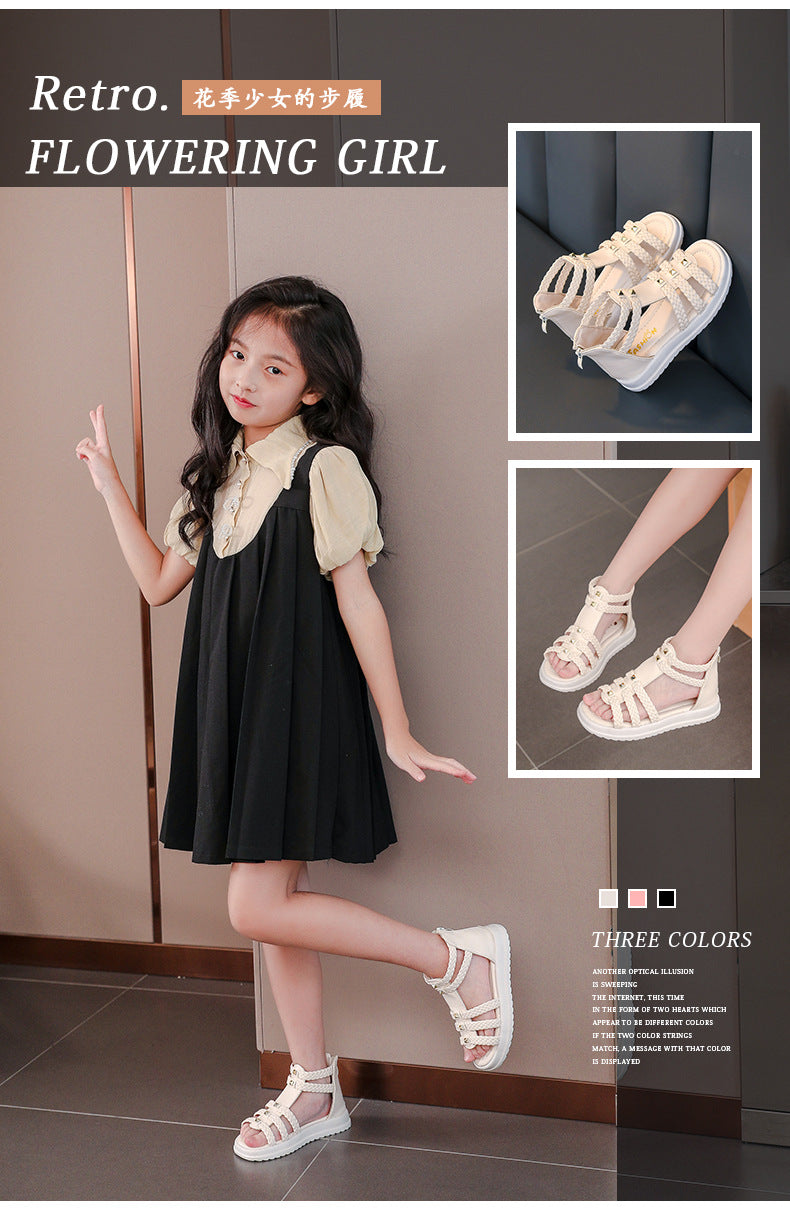 Girls Cute Roman Sandals Open Toe Braided Solid Color High-top Simple Rivets 2025 Summer Hollow Flat Casual Shoes