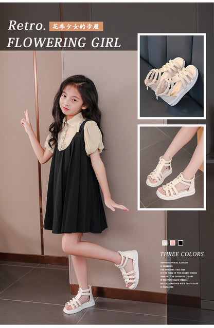 Girls Cute Roman Sandals Open Toe Braided Solid Color High-top Simple Rivets 2025 Summer Hollow Flat Casual Shoes