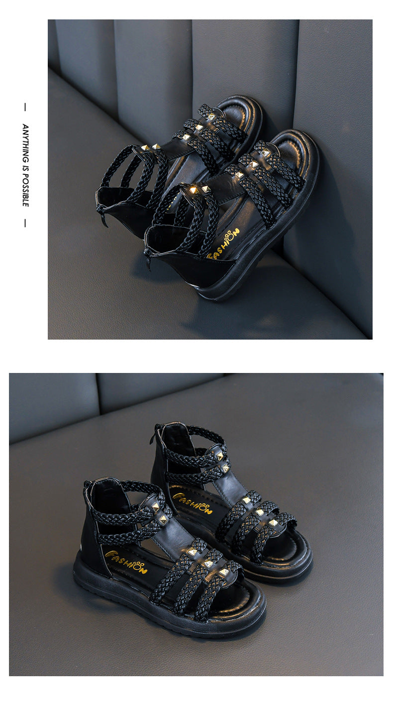 Girls Cute Roman Sandals Open Toe Braided Solid Color High-top Simple Rivets 2025 Summer Hollow Flat Casual Shoes