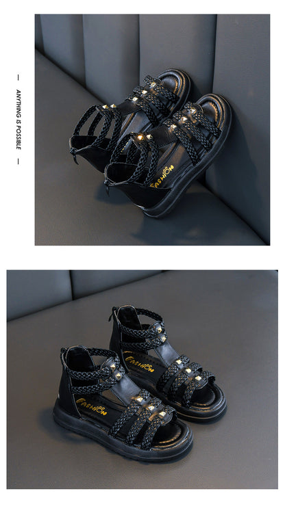 Girls Cute Roman Sandals Open Toe Braided Solid Color High-top Simple Rivets 2025 Summer Hollow Flat Casual Shoes