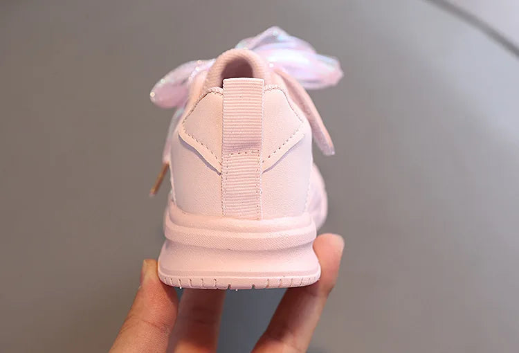 Baby Girl's Casual Sneakers for Spring Fall Shiny Sequins & Bow Ribbon Decor Sports Shoes Kids Skate Shoes