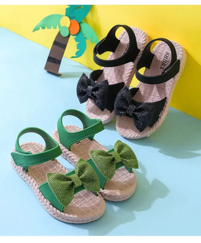 Kids Shoes Summer Girls Sandals Bow Non-slip Soft Soled Versatile Solid Korean Children Sweet Princess Shoes Beach Sandals
