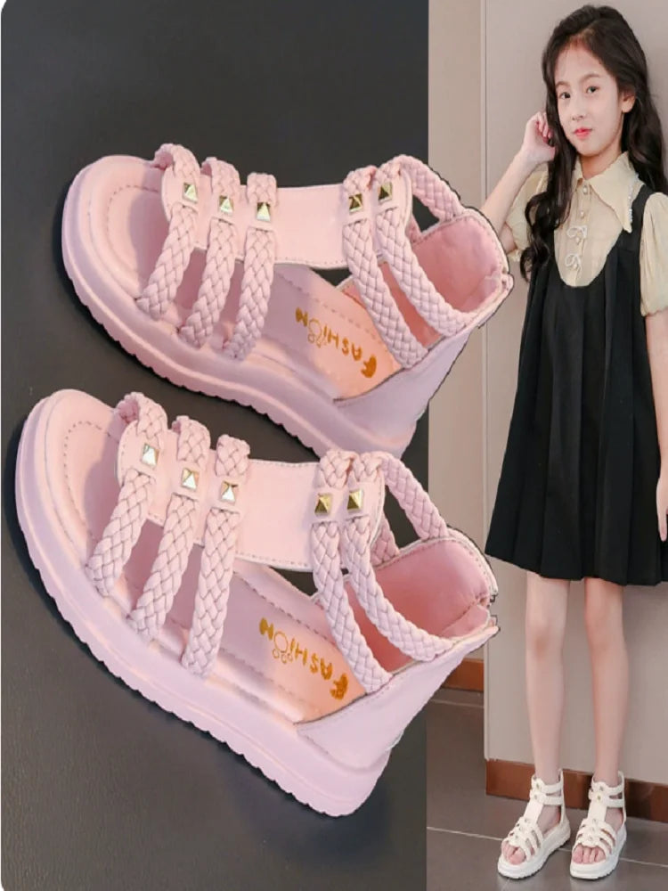 Girls Cute Roman Sandals Open Toe Braided Solid Color High-top Simple Rivets 2025 Summer Hollow Flat Casual Shoes