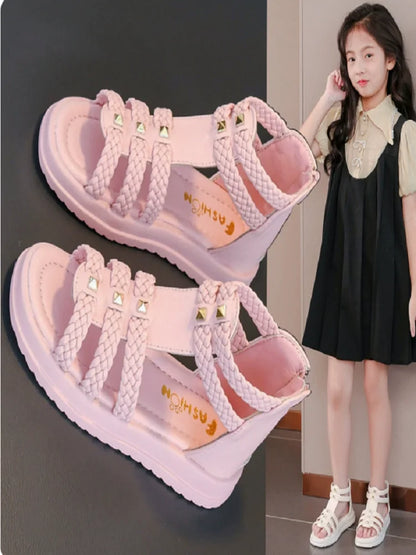 Girls Cute Roman Sandals Open Toe Braided Solid Color High-top Simple Rivets 2025 Summer Hollow Flat Casual Shoes