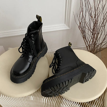 Women's Boots New Genuine Leather Ankle Shoes Chelsea Botas Ladies Classic Punk Platform Shoes Women Casual High Heels Boots