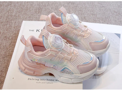 Girls Sneakers with Sweet Flowers Children Running Shoes Rotating Button New Kids Sports Shoes Princess Style Comfortable