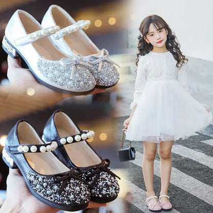 Little Kids Pearl Glitter Leather Shoes Girls Low Heeled Shoes Soft Soles Princess Dance Shoes Children Wedding Party Dress Shoe