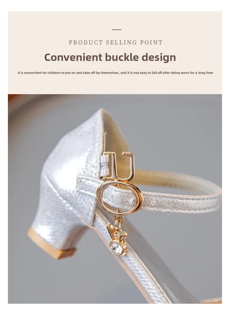 Girls' Bow Sandals Fashion Princess Shoes for Party Wedding 2025 Summer New Kids Rhinestone High Heels Children's Leather Shoes