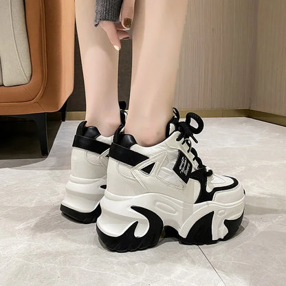 Women Walking Sneakers 2025 Spring Lace-up High Platform Chunky Shoes Breathable Leather Shoes 10CM Wedge Heels Casual Shoes
