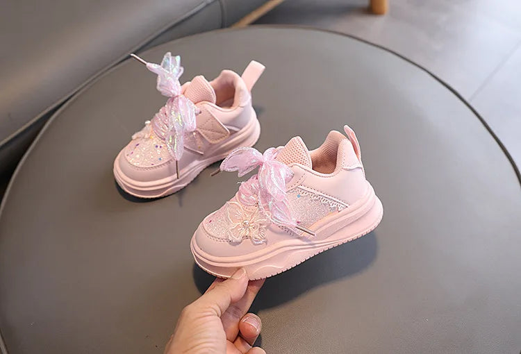 Baby Girl's Casual Sneakers for Spring Fall Shiny Sequins & Bow Ribbon Decor Sports Shoes Kids Skate Shoes