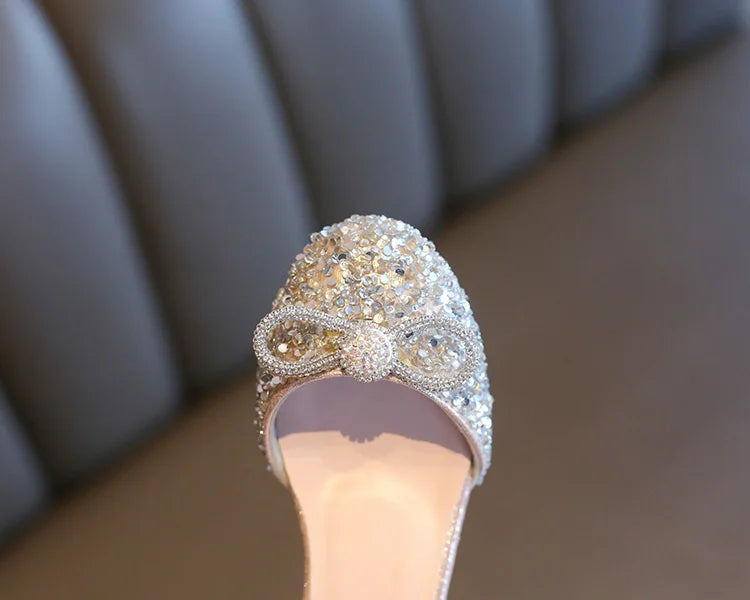 Girls High Heels for Kids Party Wedding Evening Dress Shoes Fashion Bow Diamond Crystal Shoes Princess Stockings Girl Sandals